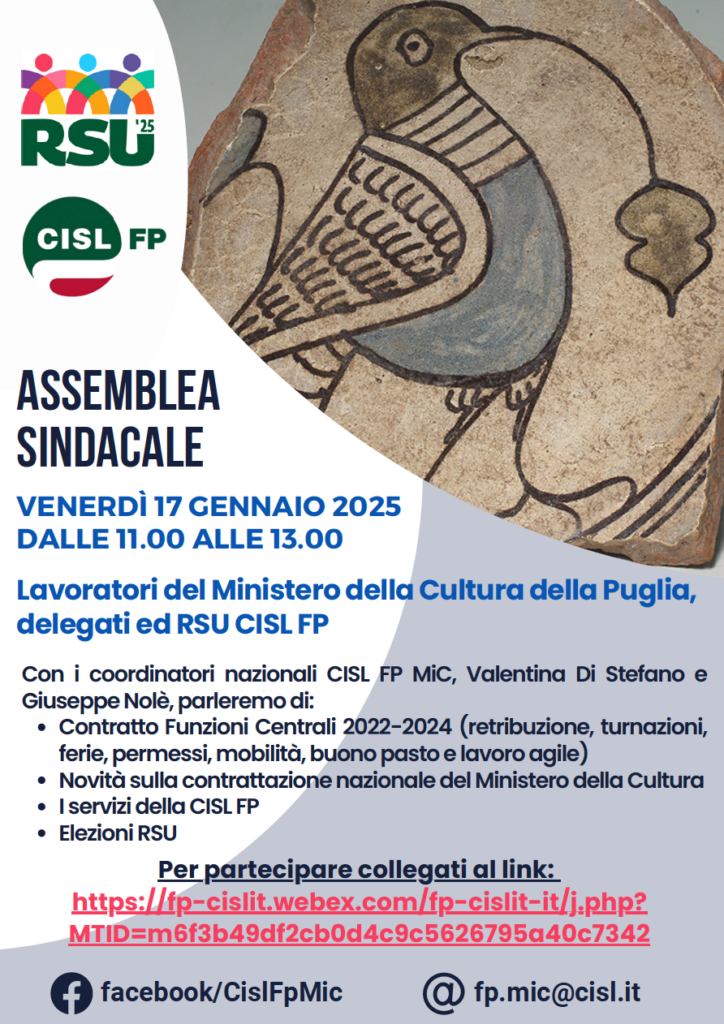 Assemblea sindacale on line CISL FP per i lavoratori del MiC Puglia | Cisl Fp | Ministero della Cultura