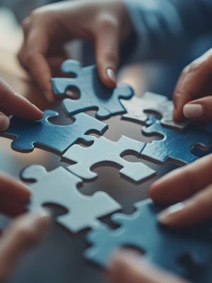 manos de personas trabajadoras armando las piezas de un rompecabezas en una empresa estrategias de negocios apoyo y trabajo en equipo