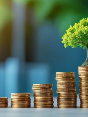 A small tree growing atop stacks of coins signifies financial growth, investment, and savings in a conceptual colorful background.